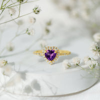 Natural 0.9 carat amethyst heart engagement ring with diamond halo, featuring Rosec Jewels' elegant ring design.