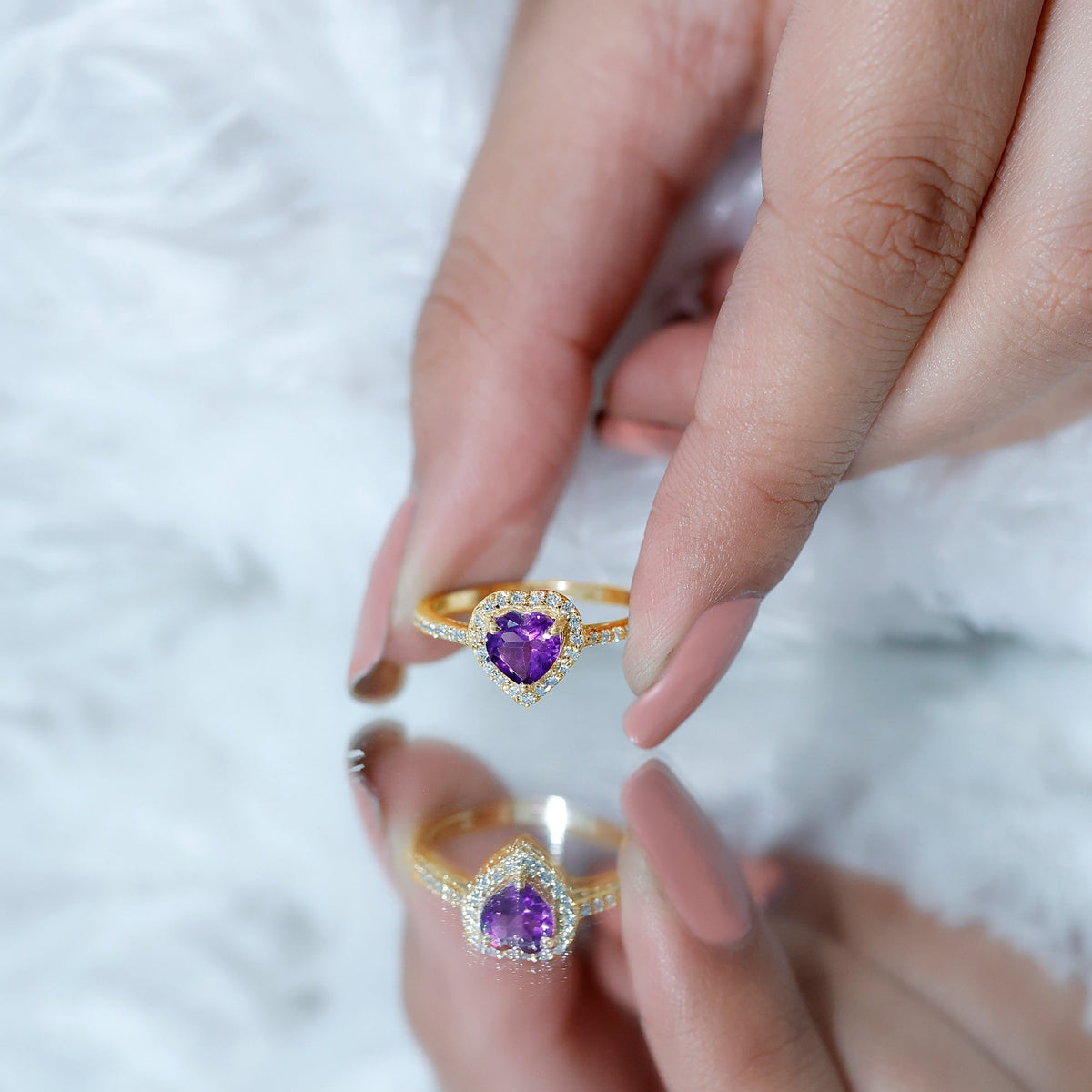 Natural 0.9 carat amethyst heart engagement ring with diamond halo by Rosec Jewels, showcasing the detailed gemstone and elegant design.