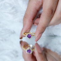 Natural 0.9 carat amethyst heart engagement ring with diamond halo by Rosec Jewels, showcasing the detailed gemstone and elegant design.