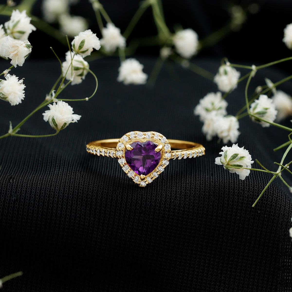 Natural 0.9 carat amethyst heart engagement ring with diamond halo from Rosec Jewels, featuring a detailed silver band.