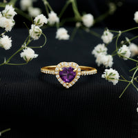 Natural 0.9 carat amethyst heart engagement ring with diamond halo from Rosec Jewels, featuring a detailed silver band.