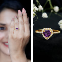Natural 0.9 carat amethyst heart engagement ring with diamond halo from Rosec Jewels, showcasing the detailed gemstone and elegant design.