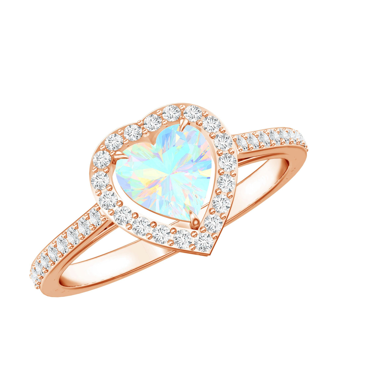 Heart-shaped Ethiopian opal engagement ring with diamond halo from Rosec Jewels, featuring a vibrant natural gemstone and sparkling halo setting.
