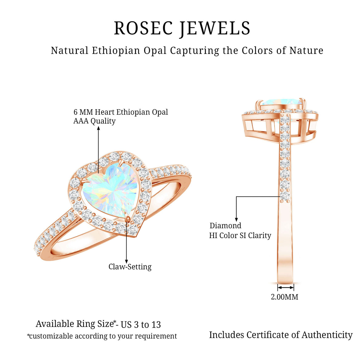 Natural Ethiopian opal heart-shaped engagement ring with diamond halo from Rosec Jewels, featuring a stunning gemstone and elegant design.