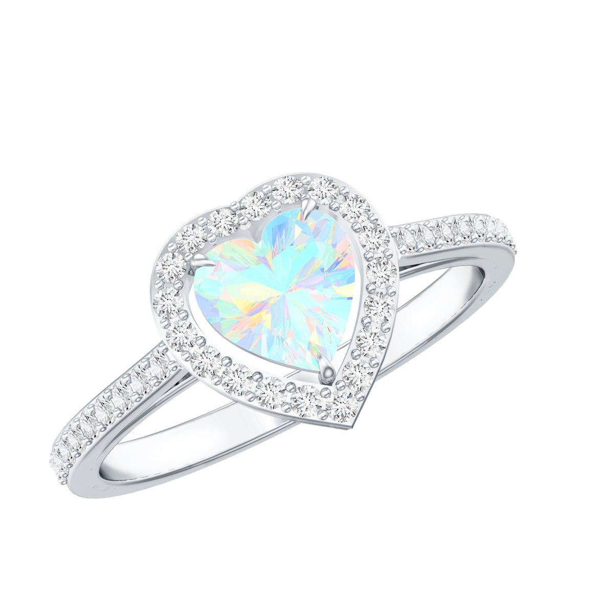 Heart-shaped Ethiopian opal engagement ring with diamond halo from Rosec Jewels, featuring vibrant gemstone and sparkling accents.
