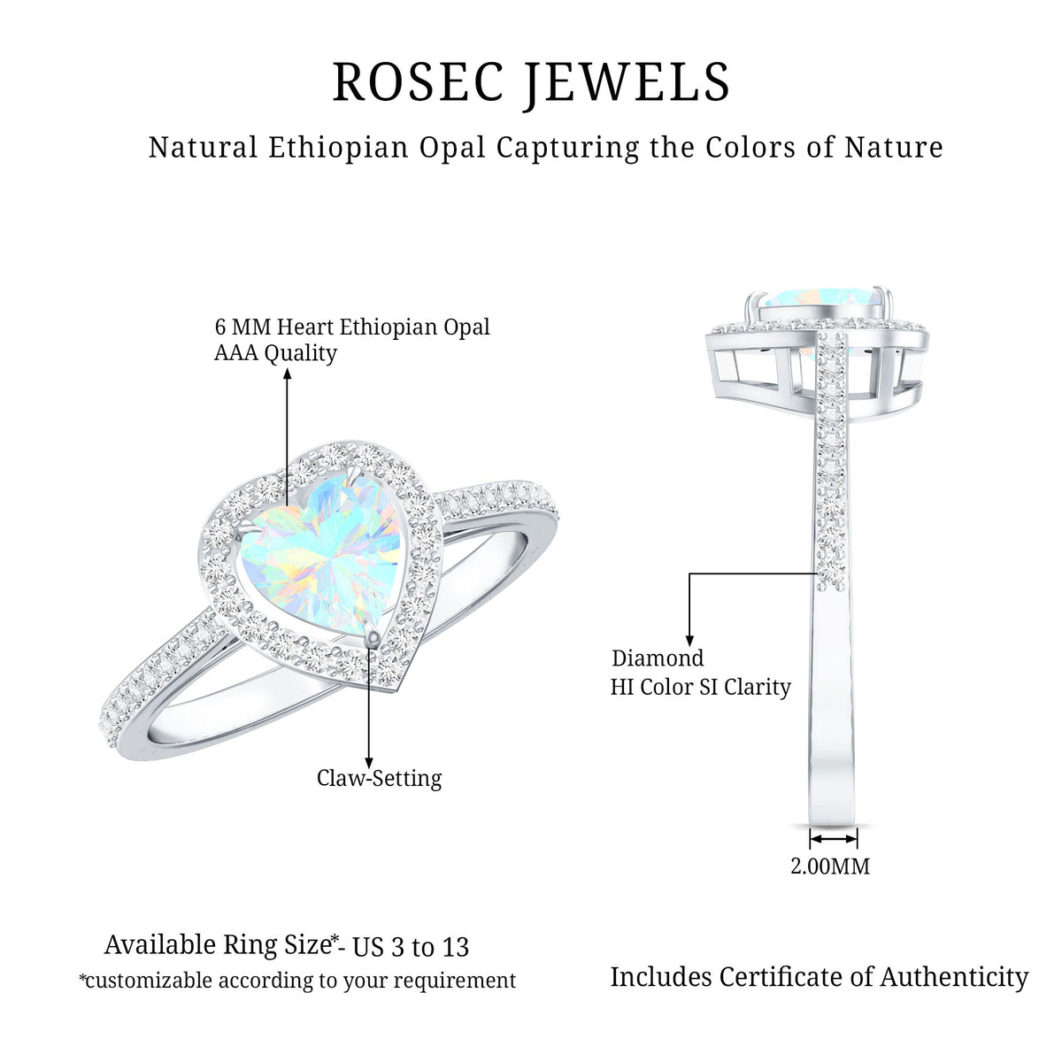 Heart-shaped Ethiopian opal engagement ring with diamond halo from Rosec Jewels, showcasing vibrant opal and sparkling diamond accents.