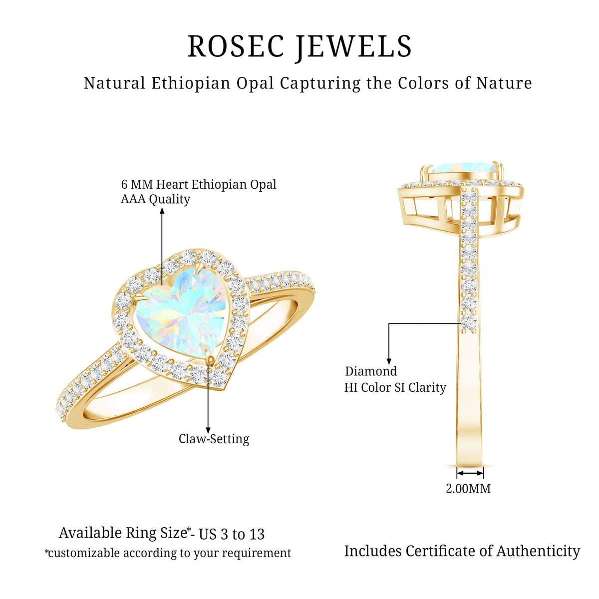 Heart-shaped Ethiopian opal engagement ring with diamond halo by Rosec Jewels, showcasing the vibrant opal and sparkling diamonds.