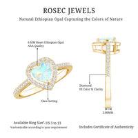 Heart-shaped Ethiopian opal engagement ring with diamond halo by Rosec Jewels, showcasing the vibrant opal and sparkling diamonds.