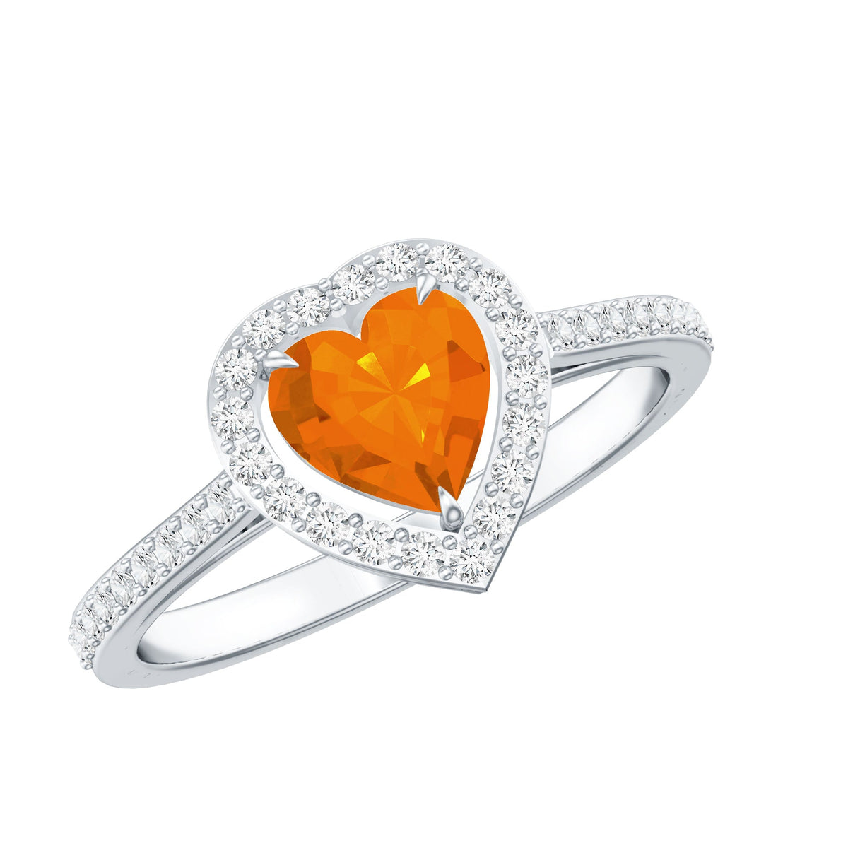 Heart-shaped fire opal engagement ring with diamond halo, 0.9 carats, by Rosec Jewels, showcasing a sparkling gemstone setting.