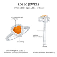 Heart-shaped fire opal engagement ring with diamond halo from Rosec Jewels, showcasing a 0.9-carat central stone and sparkling accents.