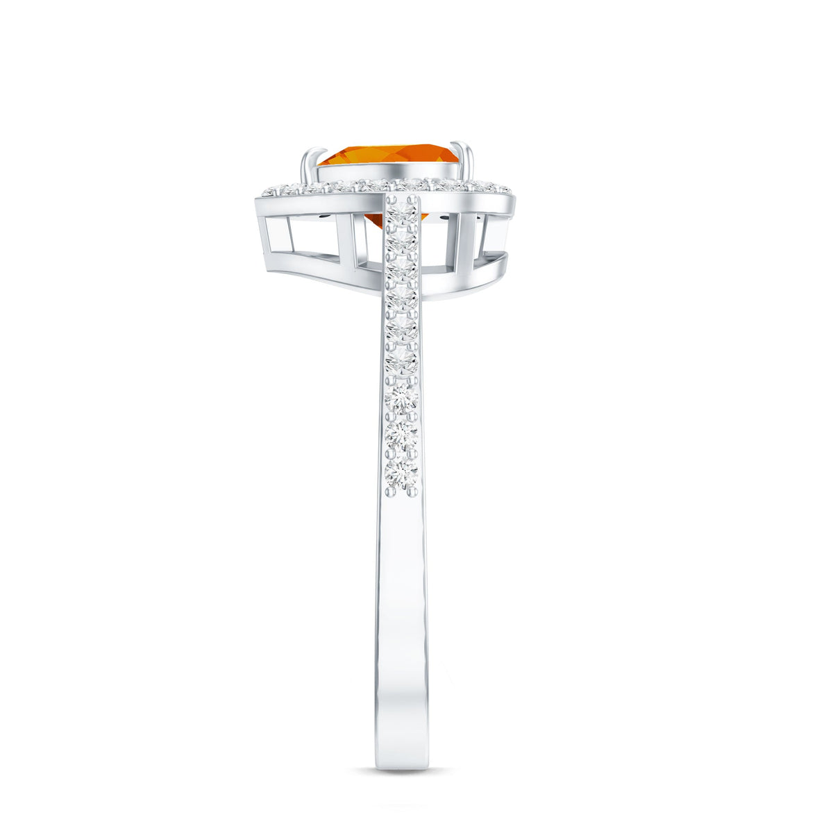 Heart-shaped fire opal engagement ring with diamond halo from Rosec Jewels, showcasing the vibrant gemstone and sparkling surrounding diamonds.