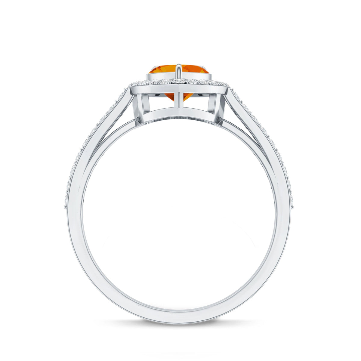 Heart-shaped fire opal engagement ring with diamond halo from Rosec Jewels, showcasing a 0.9 carat center stone and intricate setting.