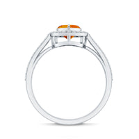 Heart-shaped fire opal engagement ring with diamond halo from Rosec Jewels, showcasing a 0.9 carat center stone and intricate setting.