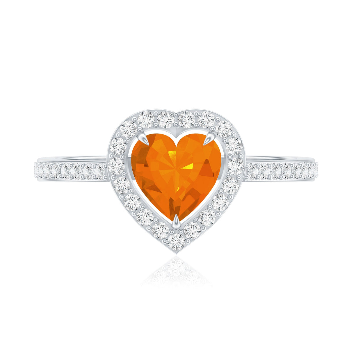 Heart-shaped fire opal engagement ring with diamond halo, 0.9 carats, from Rosec Jewels, showcasing the detailed design and sparkling stones.