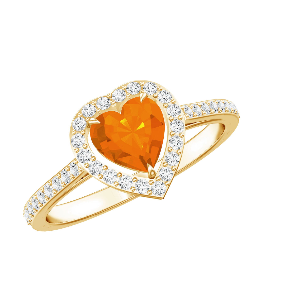 Heart-shaped fire opal engagement ring with diamond halo by Rosec Jewels, featuring a 0.9-carat gemstone and intricate band design.
