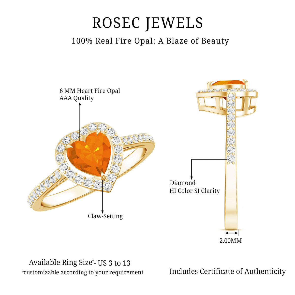 Heart-shaped fire opal engagement ring with diamond halo, 0.9 carats, from Rosec Jewels, showcasing sparkling diamonds and vibrant gemstone.