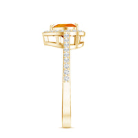 Heart-shaped 0.9 carat fire opal engagement ring with diamond halo from Rosec Jewels, showcasing a stunning delicate design.