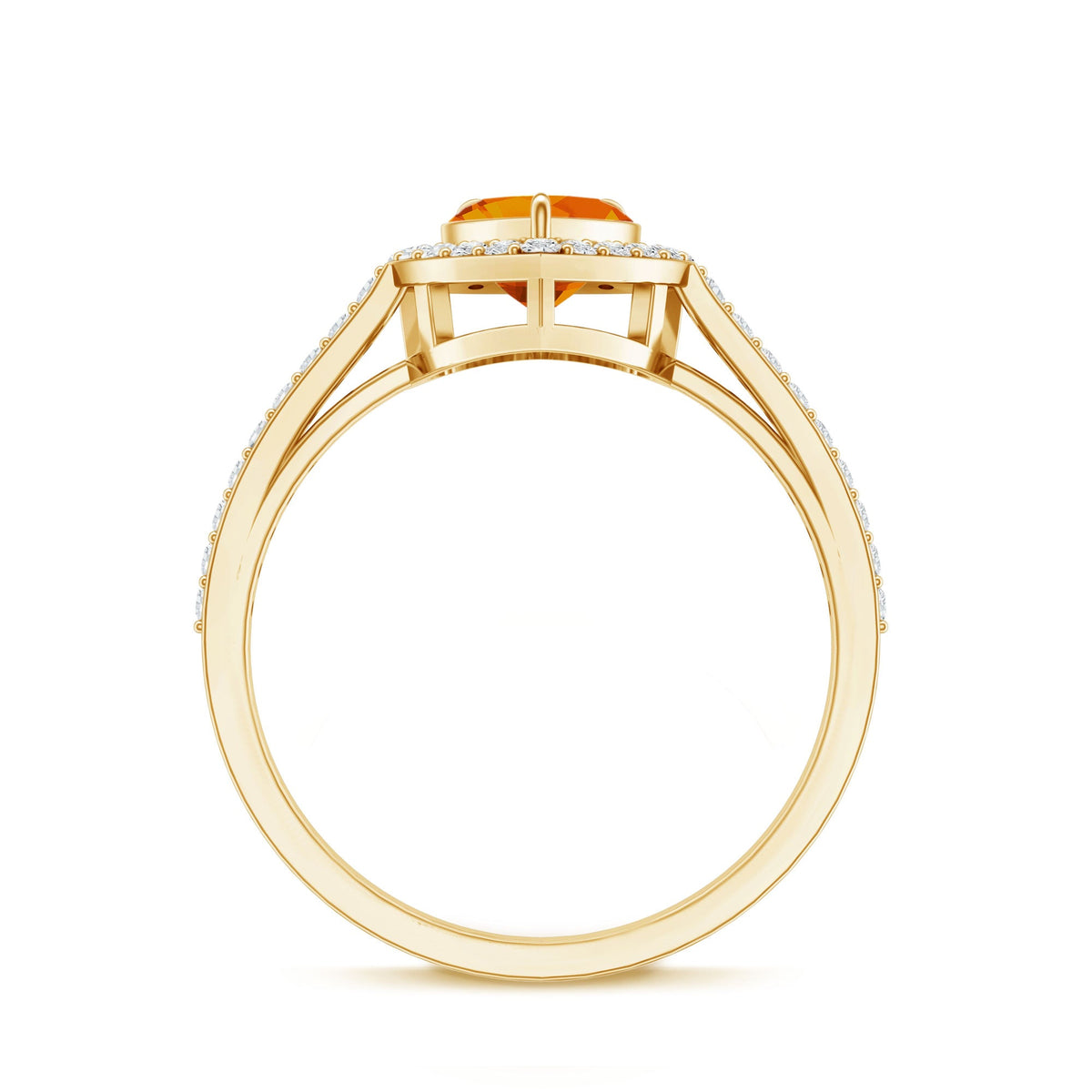 Heart-shaped fire opal engagement ring with diamond halo from Rosec Jewels, showcasing a 0.9-carat center stone and sparkling diamond accents.