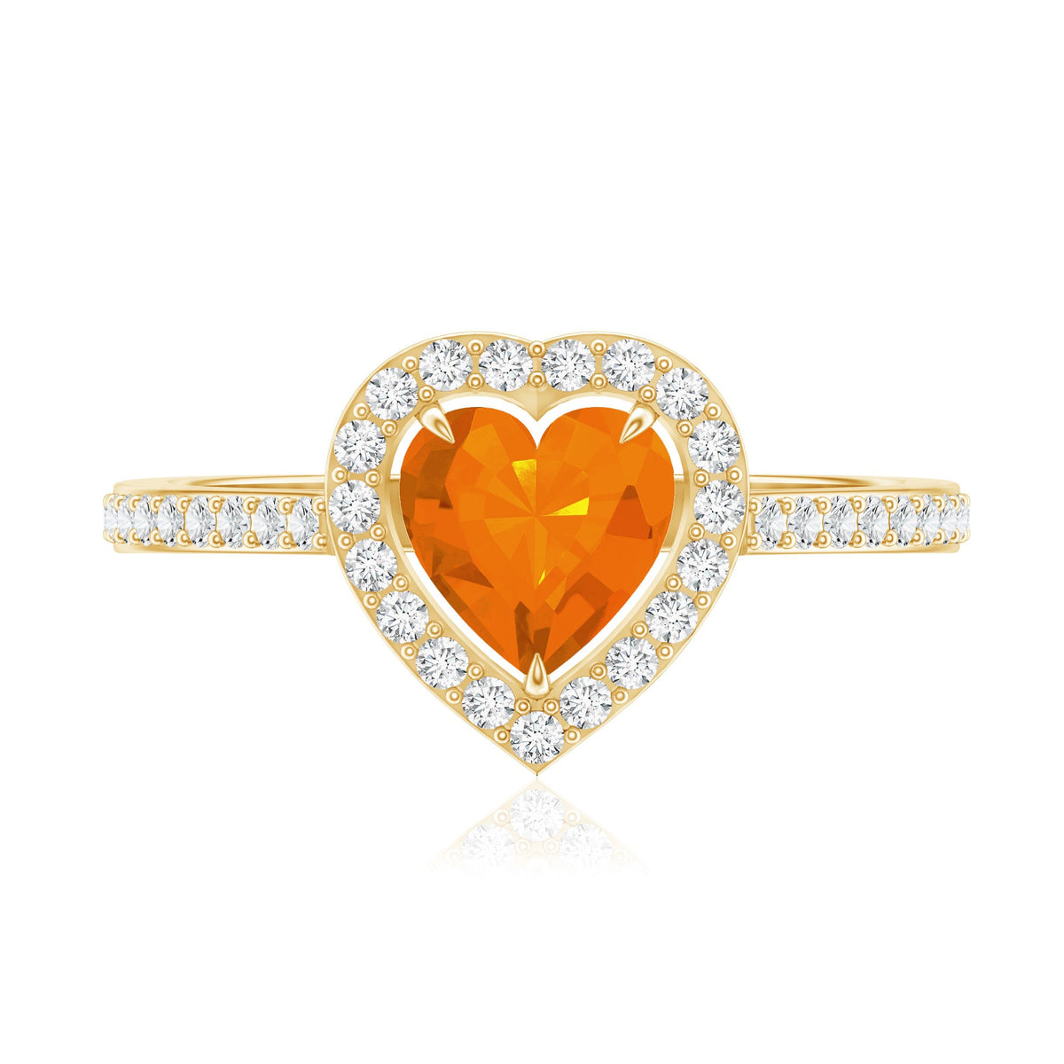 Heart-shaped fire opal engagement ring with diamond halo, 0.9 carats, featuring rose gold band and intricate detailing.