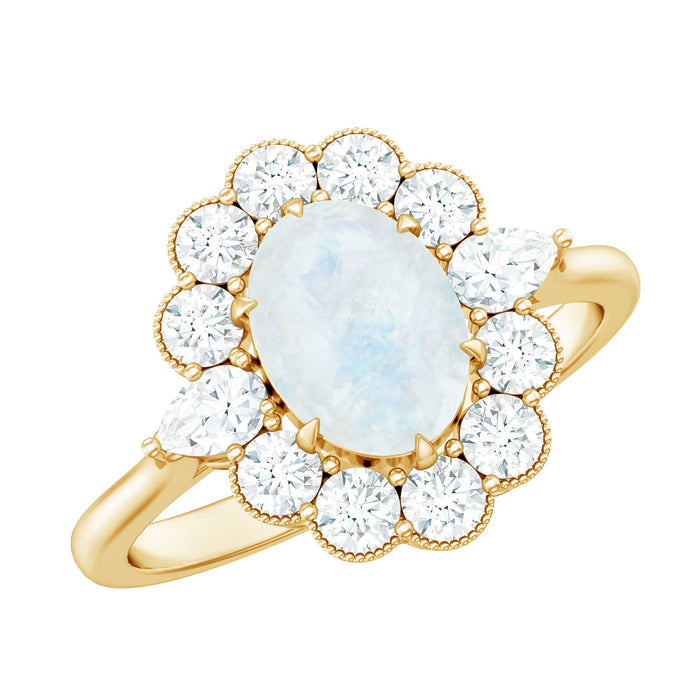 Oval-shaped moonstone engagement ring with 0.6 carats and moissanite accents from Rosec Jewels, showcasing the elegant ring design.