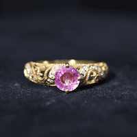 Lab grown pink sapphire antique engagement ring with diamond accents, featuring vintage-style gold band from Rosec Jewels.