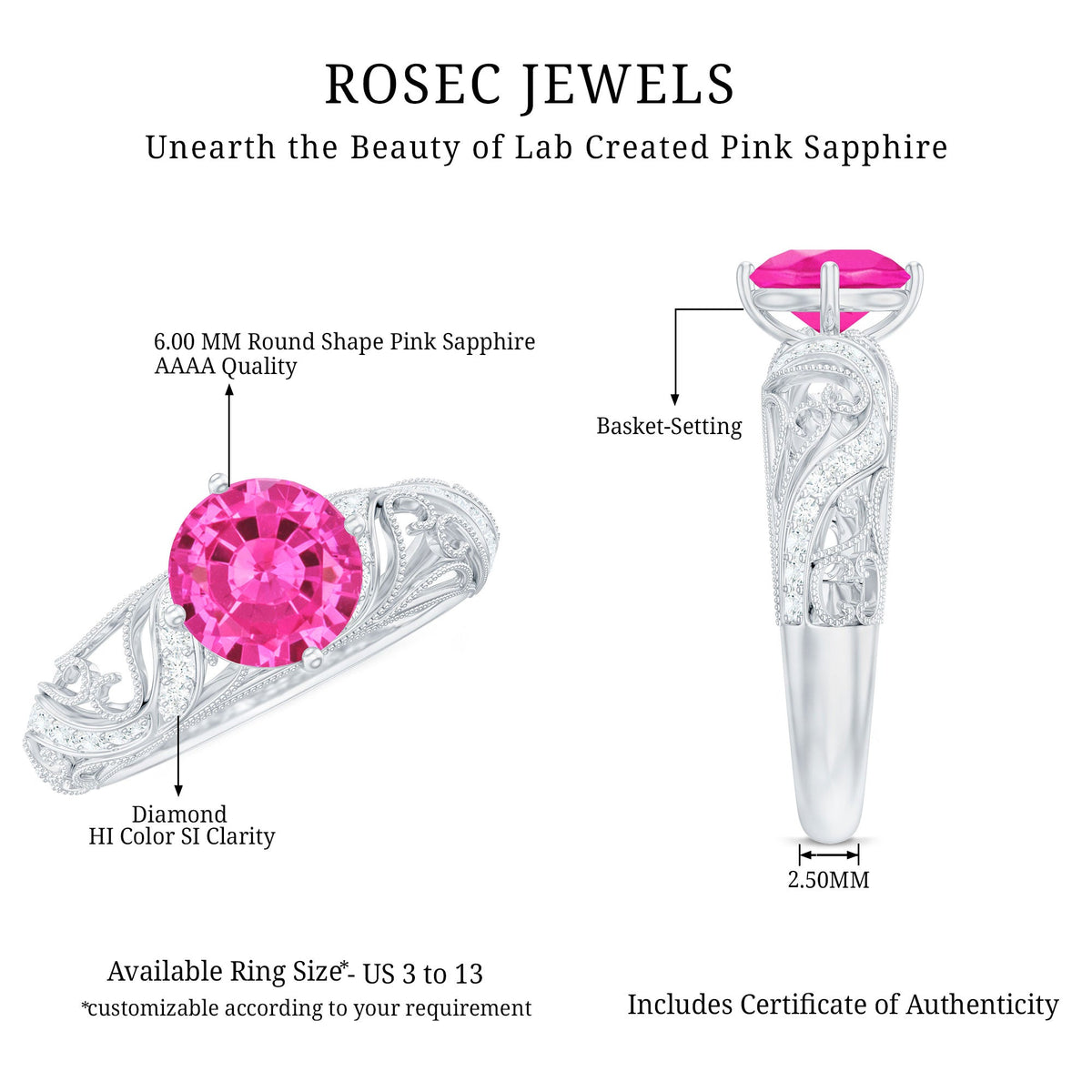 Rosec Jewels lab-grown pink sapphire antique engagement ring with diamond, featuring a detailed vintage-style design and intricate band.