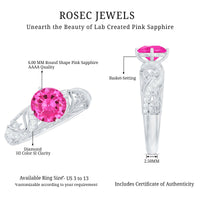 Rosec Jewels lab-grown pink sapphire antique engagement ring with diamond, featuring a detailed vintage-style design and intricate band.