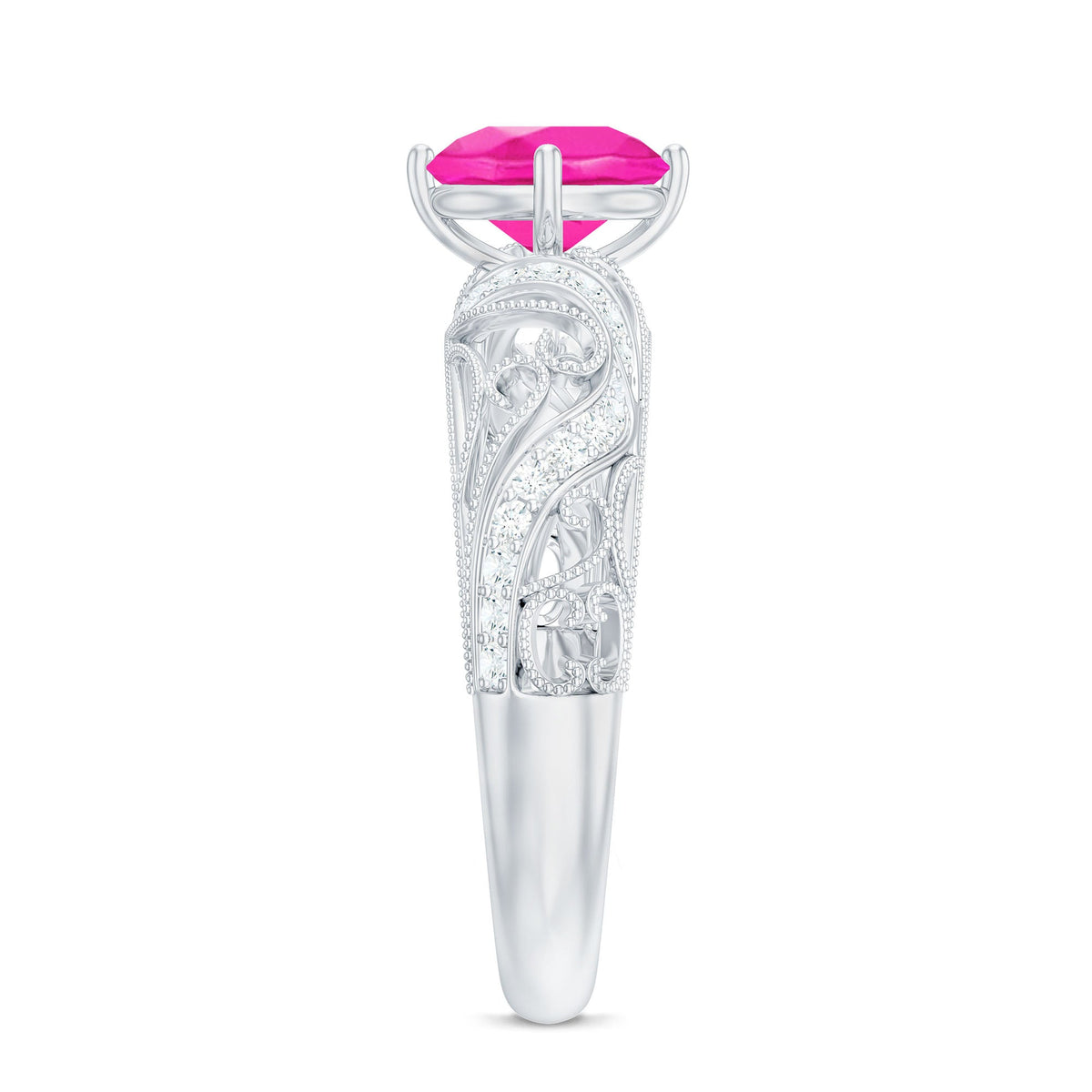 Lab grown pink sapphire antique engagement ring with diamond accents, featuring intricate vintage design and rose gold finish.