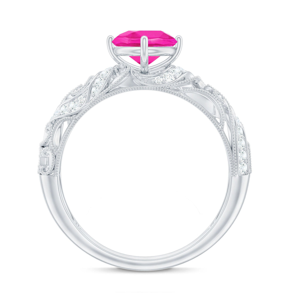 Lab grown pink sapphire antique engagement ring with diamond accents, featuring intricate vintage-style design and rose gold setting.