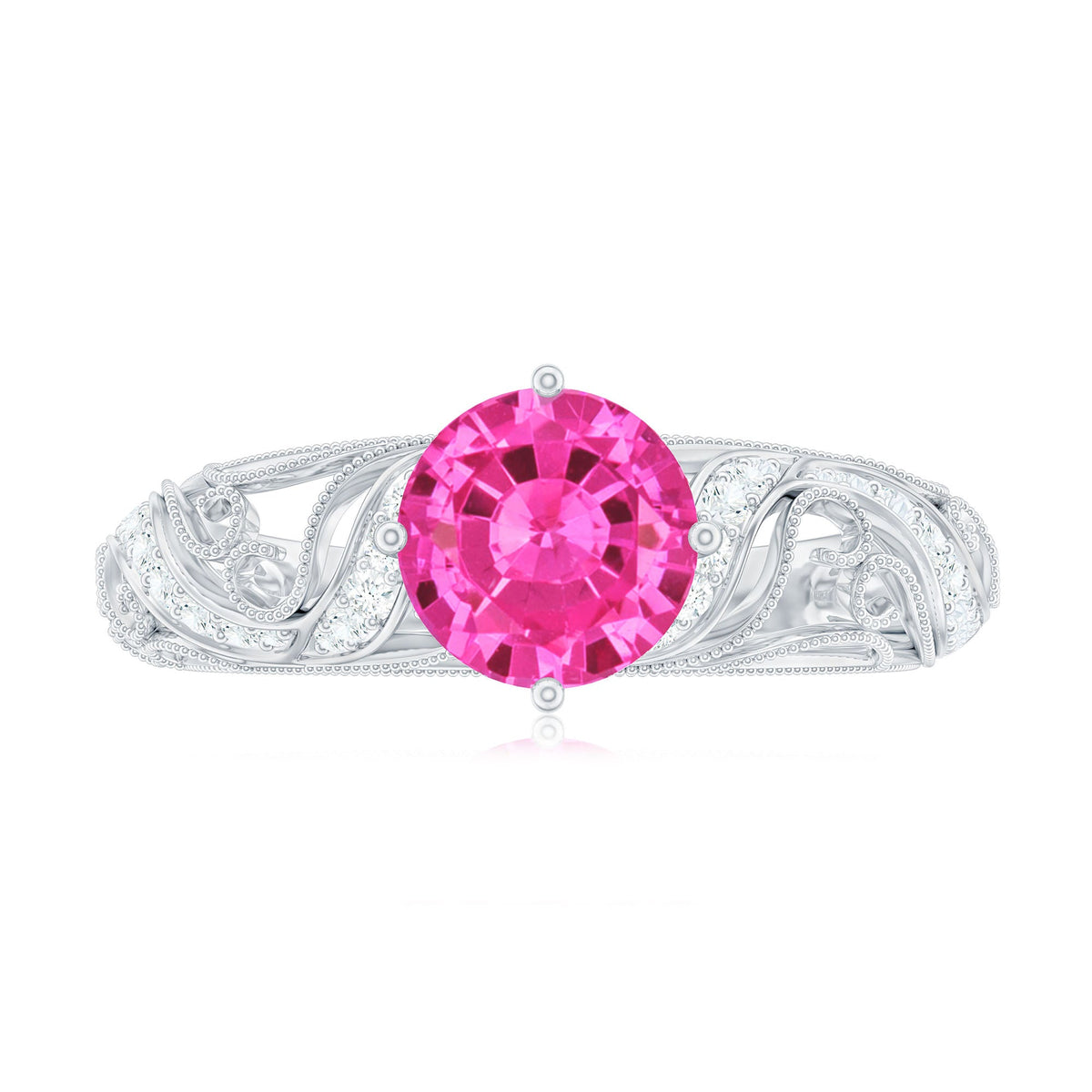 Lab grown pink sapphire antique engagement ring with diamond accents from Rosec Jewels, featuring intricate vintage-style design.