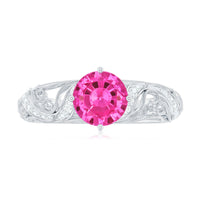 Lab grown pink sapphire antique engagement ring with diamond accents from Rosec Jewels, featuring intricate vintage-style design.