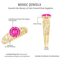 Lab grown pink sapphire antique engagement ring with diamond accents by Rosec Jewels, showcasing intricate vintage-style design.