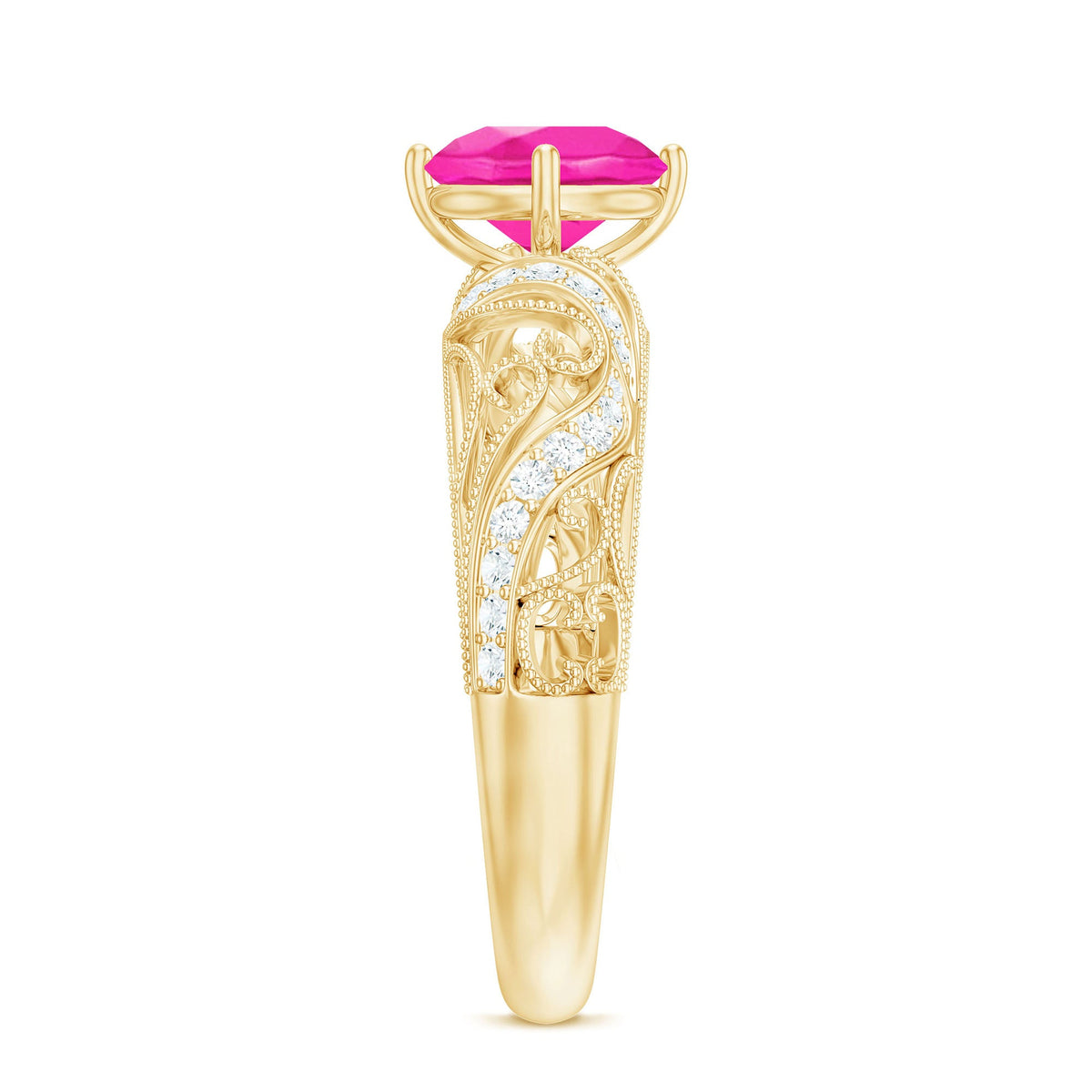 Rosec Jewels lab-grown pink sapphire antique engagement ring with diamond accents, showcasing intricate vintage-style design.
