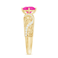 Rosec Jewels lab-grown pink sapphire antique engagement ring with diamond accents, showcasing intricate vintage-style design.