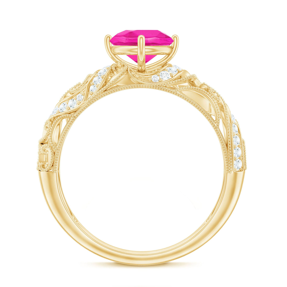 Lab grown pink sapphire antique engagement ring with diamond accents, featuring intricate vintage-style design and rose gold band.