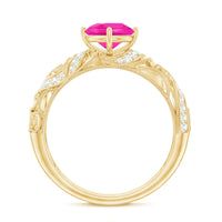 Lab grown pink sapphire antique engagement ring with diamond accents, featuring intricate vintage-style design and rose gold band.