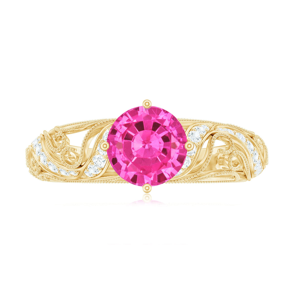 Lab grown pink sapphire antique engagement ring with diamond accents, featuring intricate vintage design and rose gold setting.