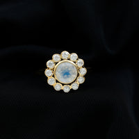 Round Moonstone and Diamond Halo Engagement Ring in Bezel Setting