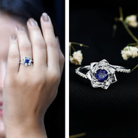 Real 0.9 Carat Blue Sapphire Rose Flower Engagement Ring with Diamond Bypass Shank