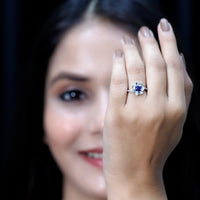 Real 0.9 Carat Blue Sapphire Rose Flower Engagement Ring with Diamond Bypass Shank