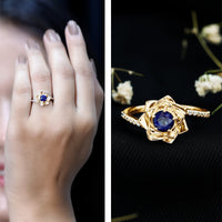 Real 0.9 Carat Blue Sapphire Rose Flower Engagement Ring with Diamond Bypass Shank