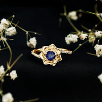 Real 0.9 Carat Blue Sapphire Rose Flower Engagement Ring with Diamond Bypass Shank