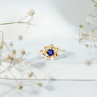 Real 0.9 Carat Blue Sapphire Rose Flower Engagement Ring with Diamond Bypass Shank