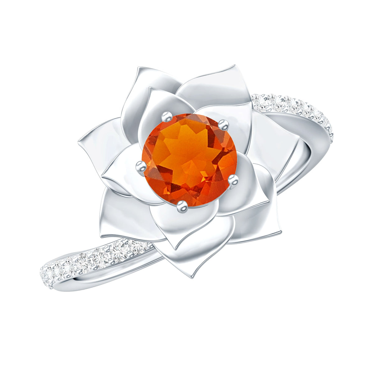 Flower-inspired fire opal engagement ring with diamonds by Rosec Jewels, featuring vibrant orange and white gemstone accents.