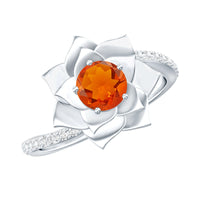 Flower-inspired fire opal engagement ring with diamonds by Rosec Jewels, featuring vibrant orange and white gemstone accents.