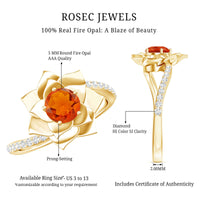Flower-inspired fire opal engagement ring with diamonds from Rosec Jewels, showcasing vibrant gemstones and intricate design.