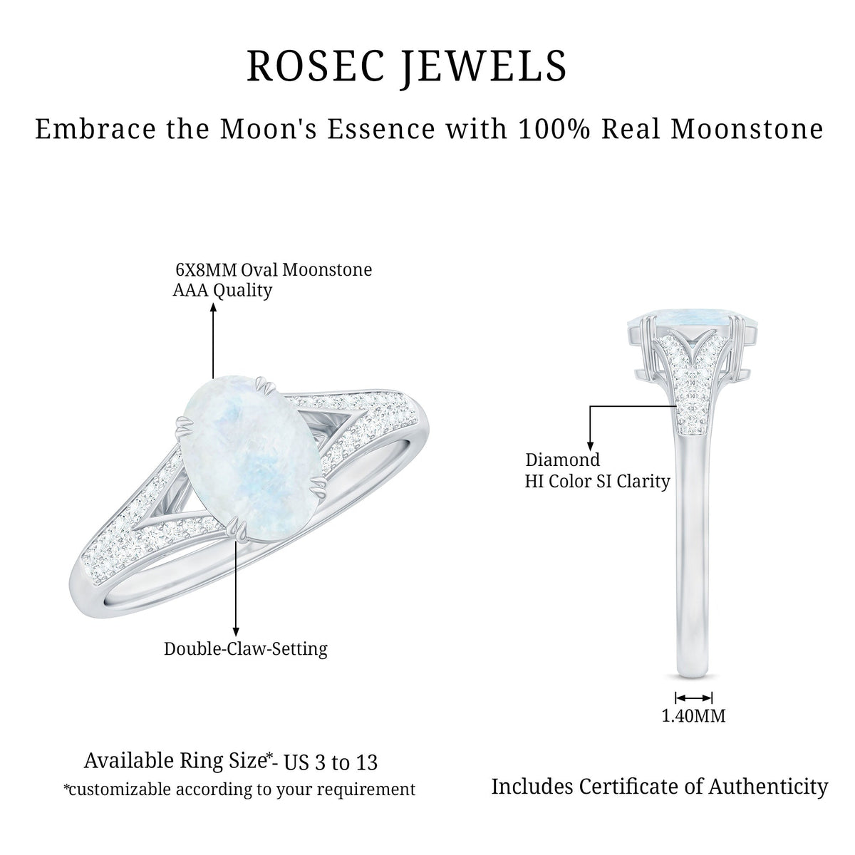Oval cut moonstone solitaire engagement ring with diamond accents from Rosec Jewels, showcasing a delicate and elegant design.