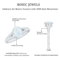 Oval cut moonstone solitaire engagement ring with diamond accents from Rosec Jewels, showcasing a delicate and elegant design.