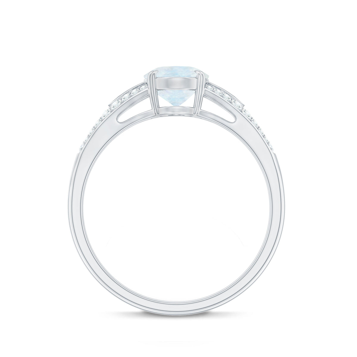 Oval cut moonstone solitaire engagement ring with diamond accents, featuring a 3/4 ct center stone, by Rosec Jewels.