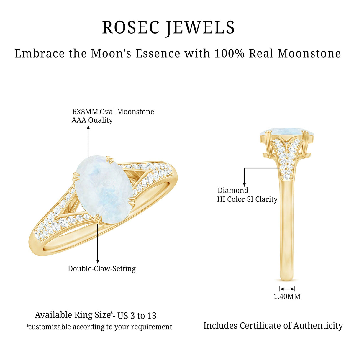 Oval cut moonstone solitaire engagement ring with diamond accents from Rosec Jewels, showcasing the elegant design and sparkling details.